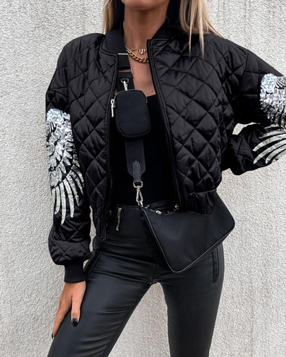 Contrast Sequin Angel Wings Pattern Quilted Puffer Jacket