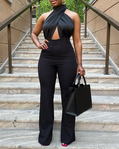 Cross Halter Cutout Straight Leg Jumpsuit